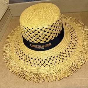 Dior Women's Gold Straw Hat with Black Band